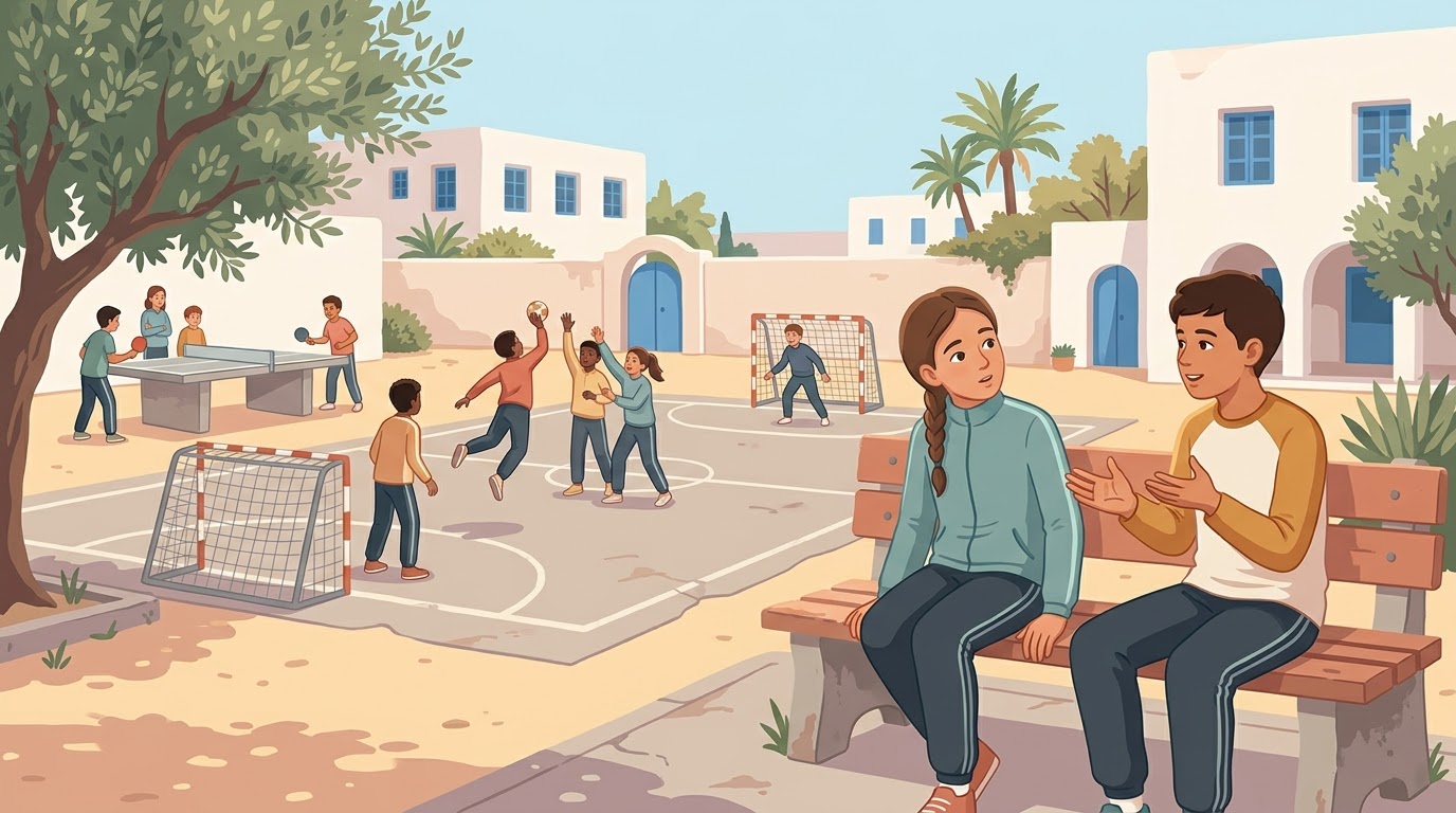 Au bord d'un terrain de handball dans une école tunisienne, une fille intriguée écoute un garçon qui lui explique ; derrière, des élèves jouent au handball et au tennis de table